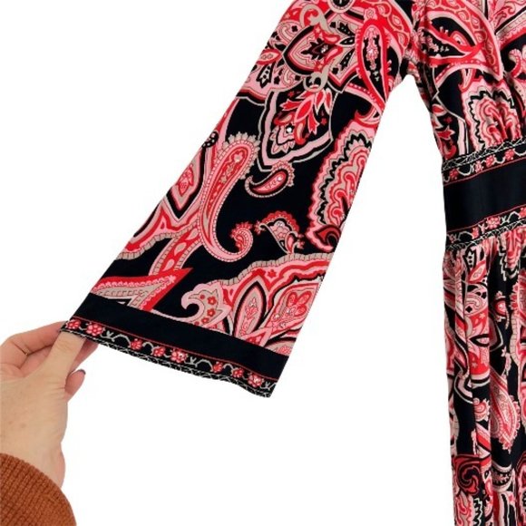 I.N.C Empire Waist Bell Sleeve Midi Dress Paisley Print Red/Black Size M - Picture 4 of 6